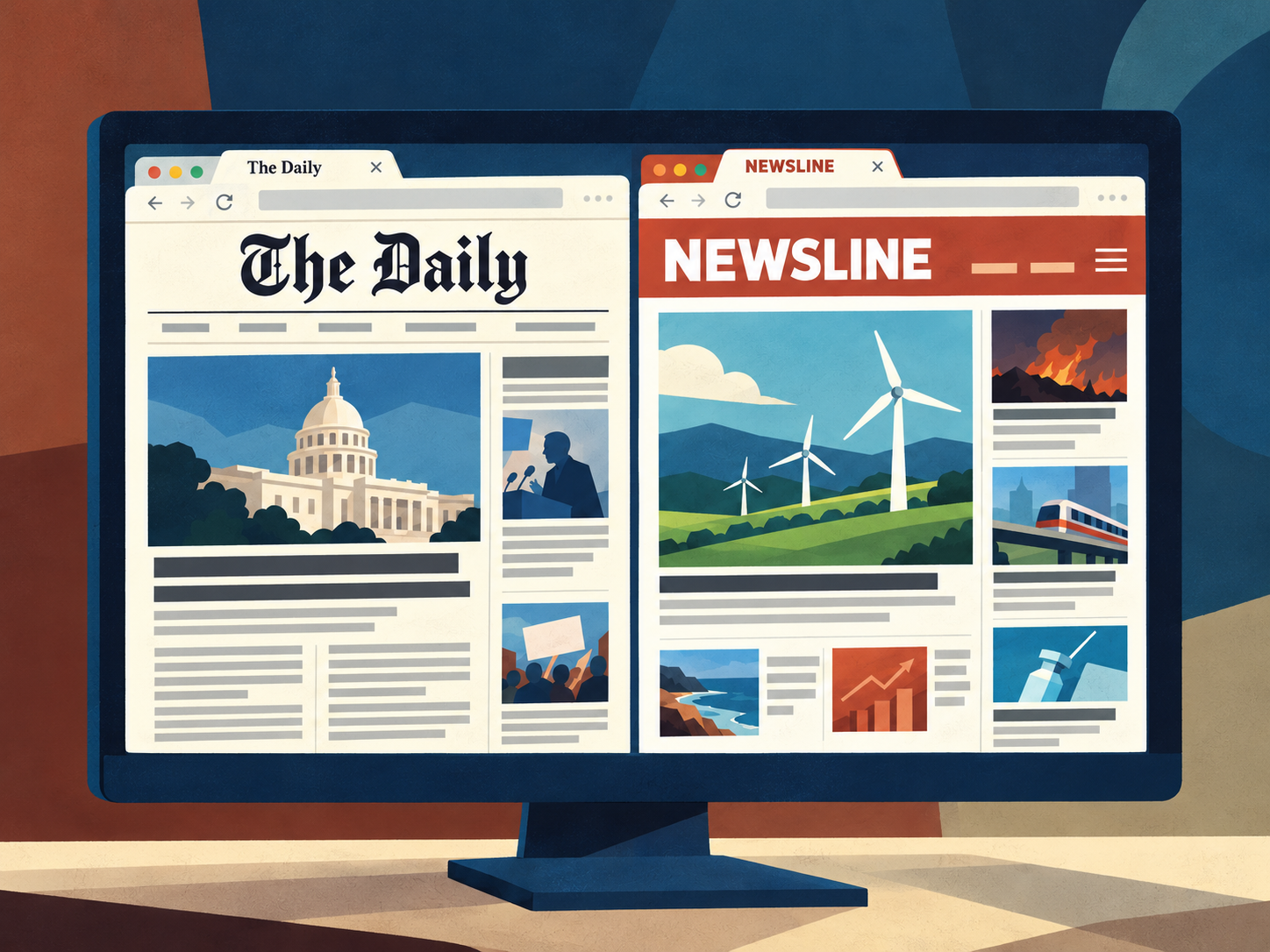 Computer screen showing two news outlets with different mastheads, layouts, and lead stories